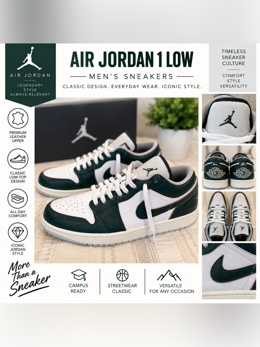 Nike Air Jordan 1 Low Men's Sneakers - White & Dark Green